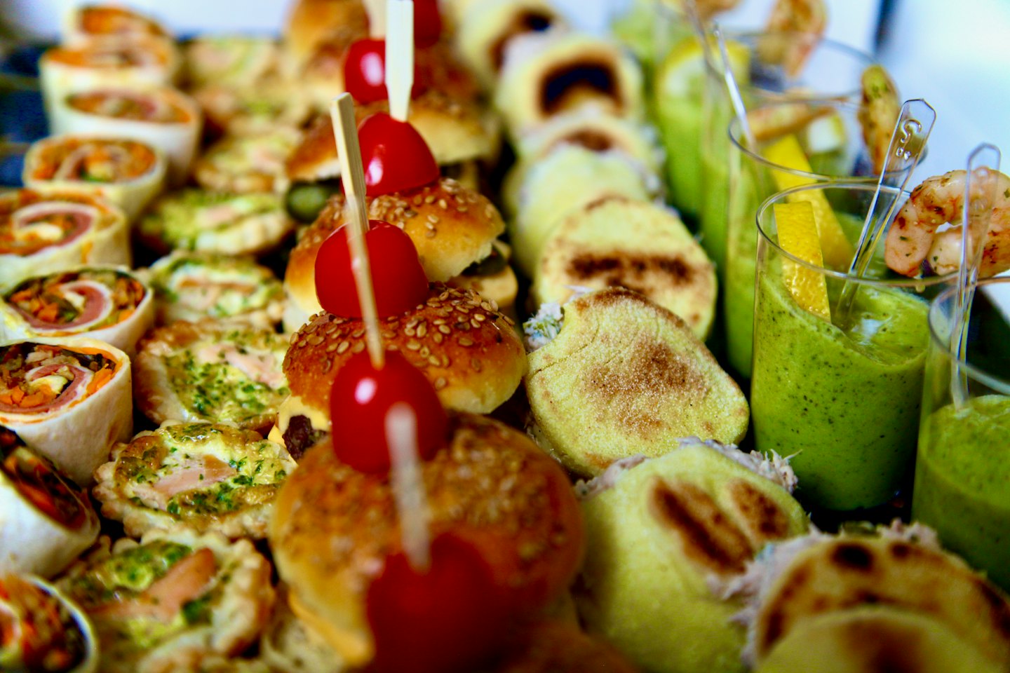 Small appetizers arranged for an event catering display.